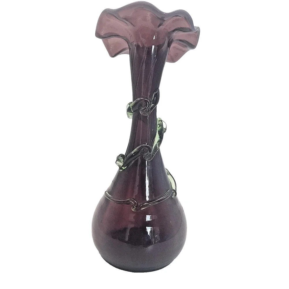Antique Bohemian Purple Art Glass Vase Uranium Green Applied Vine Ruffled c1900